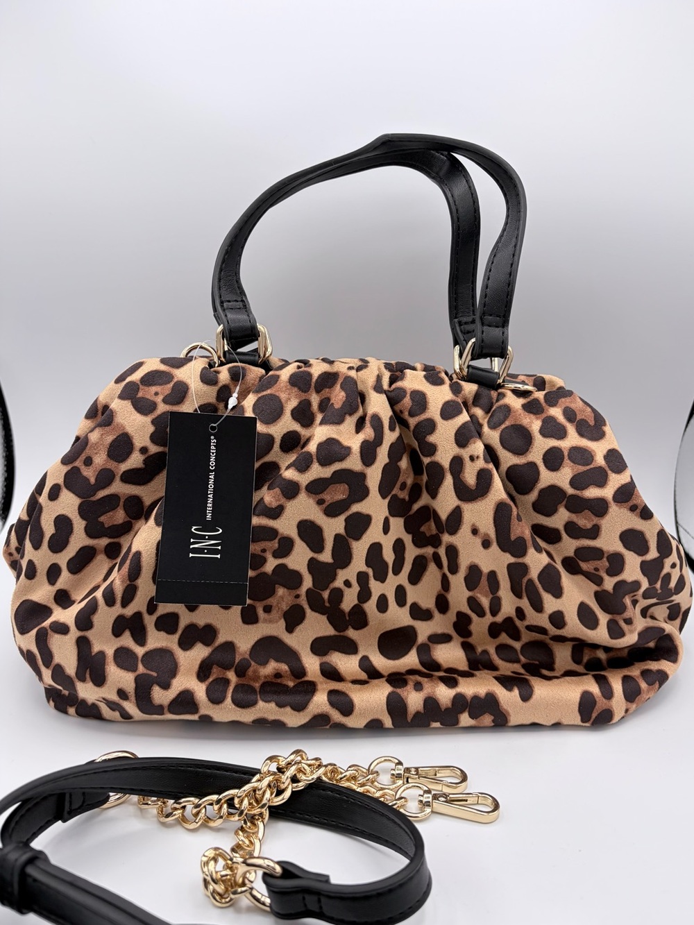 INC International Concepts Purse Leopard Print Black Satchel Crossbody Classic